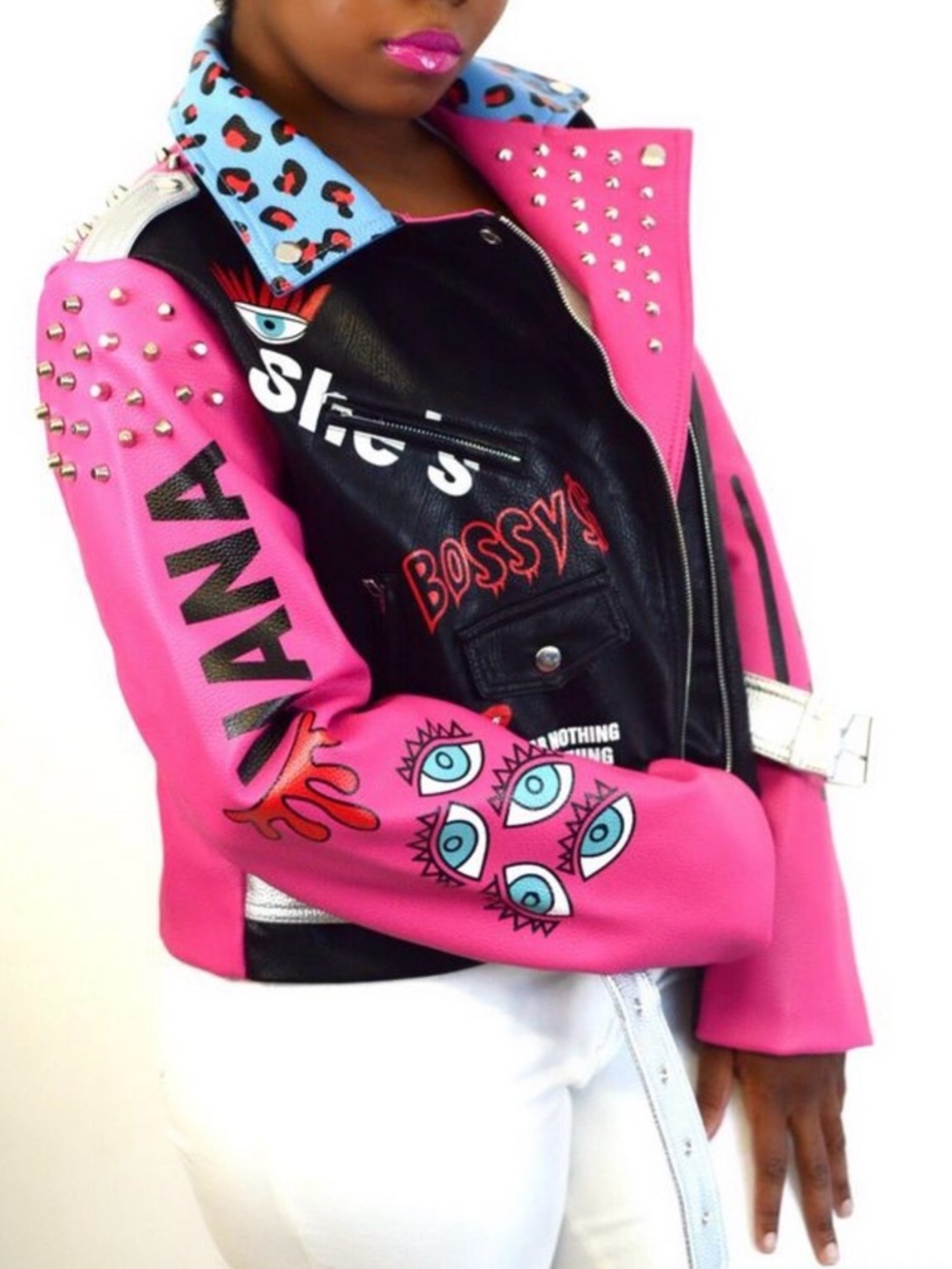 Pink & Black Graphic Studded Moto Jacket - Women's Statement Coat